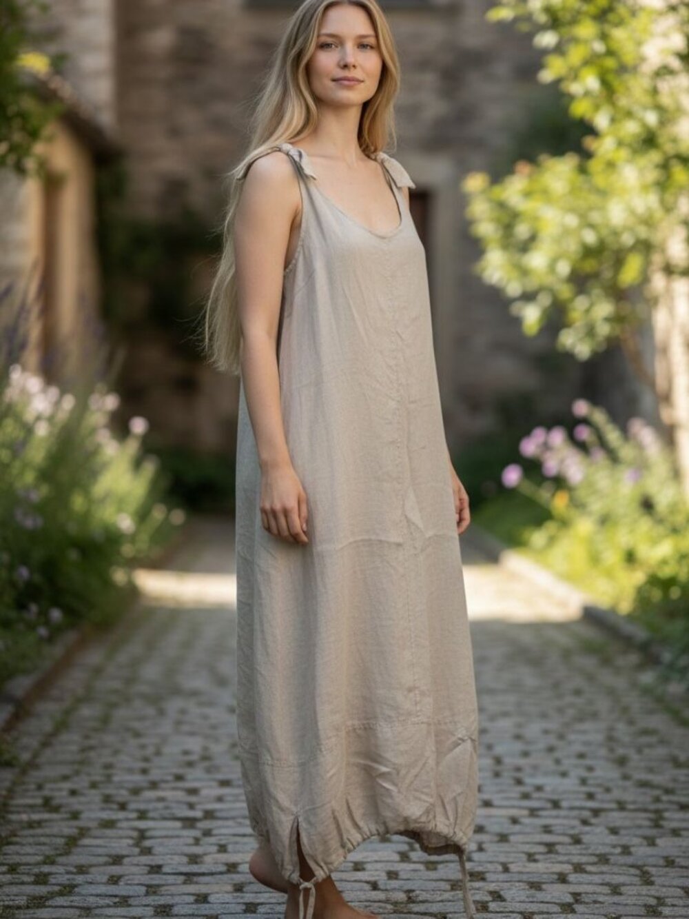 Greek Linen Maxi Dress | Hydra Greece One Size Resort Dress | Beige Boho - Picture 4 of 6
